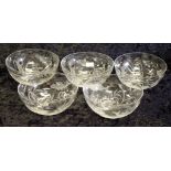 Good set five etched fish decorated glass bowls