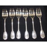 Six French silver oyster forks