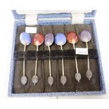 Cased six George VI silver & enamel coffee spoons