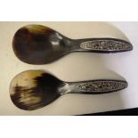 Pair of Oriental silver & horn serving spoons