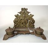 Ornate brass letter holder & inkwell desk stand