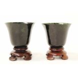 Pair Chinese carved jade teacups with stands