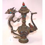 Oriental silver stone set ceremonial wine jug