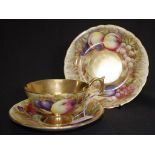 Aynsley painted 'Orchard Fruit' teacup trio