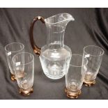 Five piece Orrefors etched glass drink set