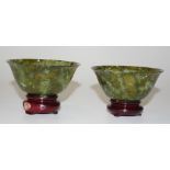 Pair Chinese spinach jade bowls & stands