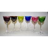 Set of six Moser harlequin etched wine glasses