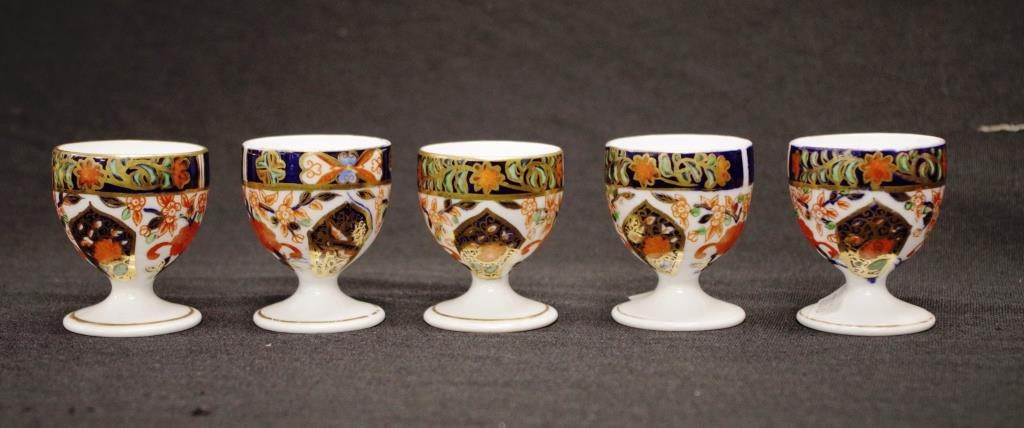 Antique set five Derby painted eggcups