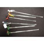 Six various art glass cocktail or swizzle sticks