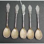 Five Renaissance revival silver tea spoons