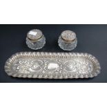 Pair Edward VII silver lidded rouge pots & tray