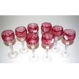 Eight Bohemian ruby cut crystal liquor glasses