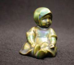 Zsolnay green iridescent seated young girl figure