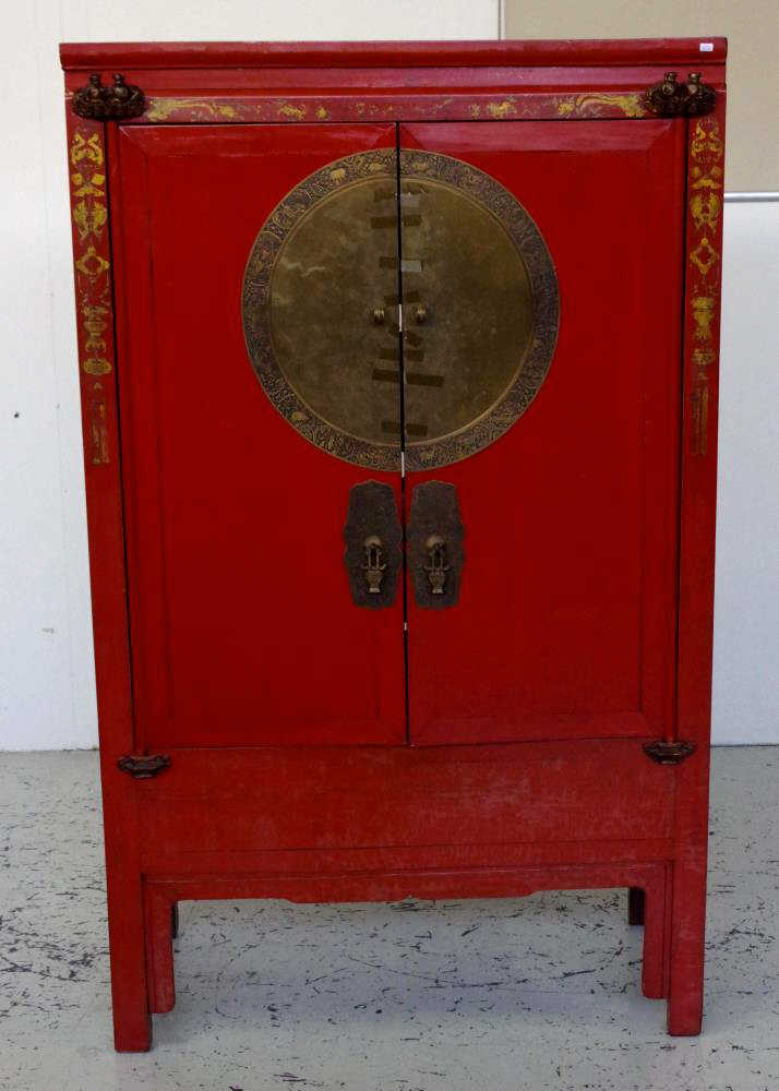 Chinese red lacquered wedding cabinet