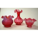Two various Cranberry glass vases and a bowl