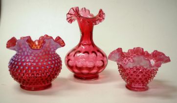 Two various Cranberry glass vases and a bowl