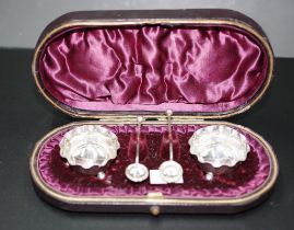 Cased pair Victorian silver open salts & spoons