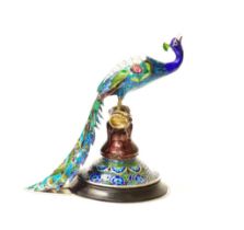 Anglo Indian enamelled silver peacock figure