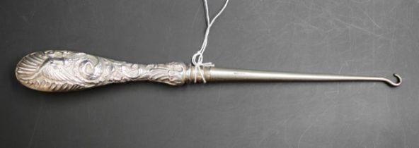 Victorian silver button hook with cockatoo handle