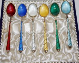 Set of 6 sterling silver & enamel coffee spoons