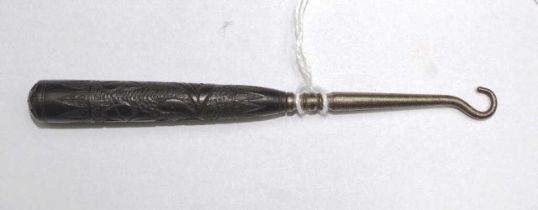 Antique carved Irish Bog oak handled button hook