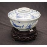 Chinese blue & white lidded bowl on a timber stand