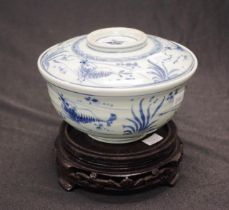 Chinese blue & white lidded bowl on a timber stand