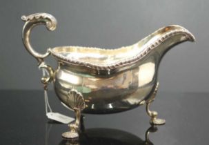 Large sterling silver gravy boat on 3 shell feet