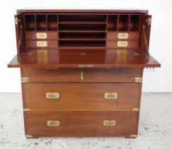Hardwood secretaire campaign type chest of drawers