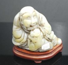 Chinese green hardstone sage & monkey figure