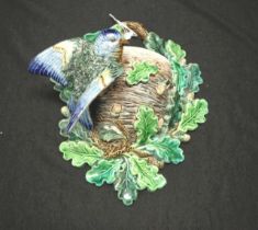 Hugo Lonitz Majolica bird & oak leaf wall pocket