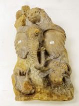 Large carved limestone temple deity figural group
