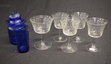 Near set five etched Pall Mall glasses