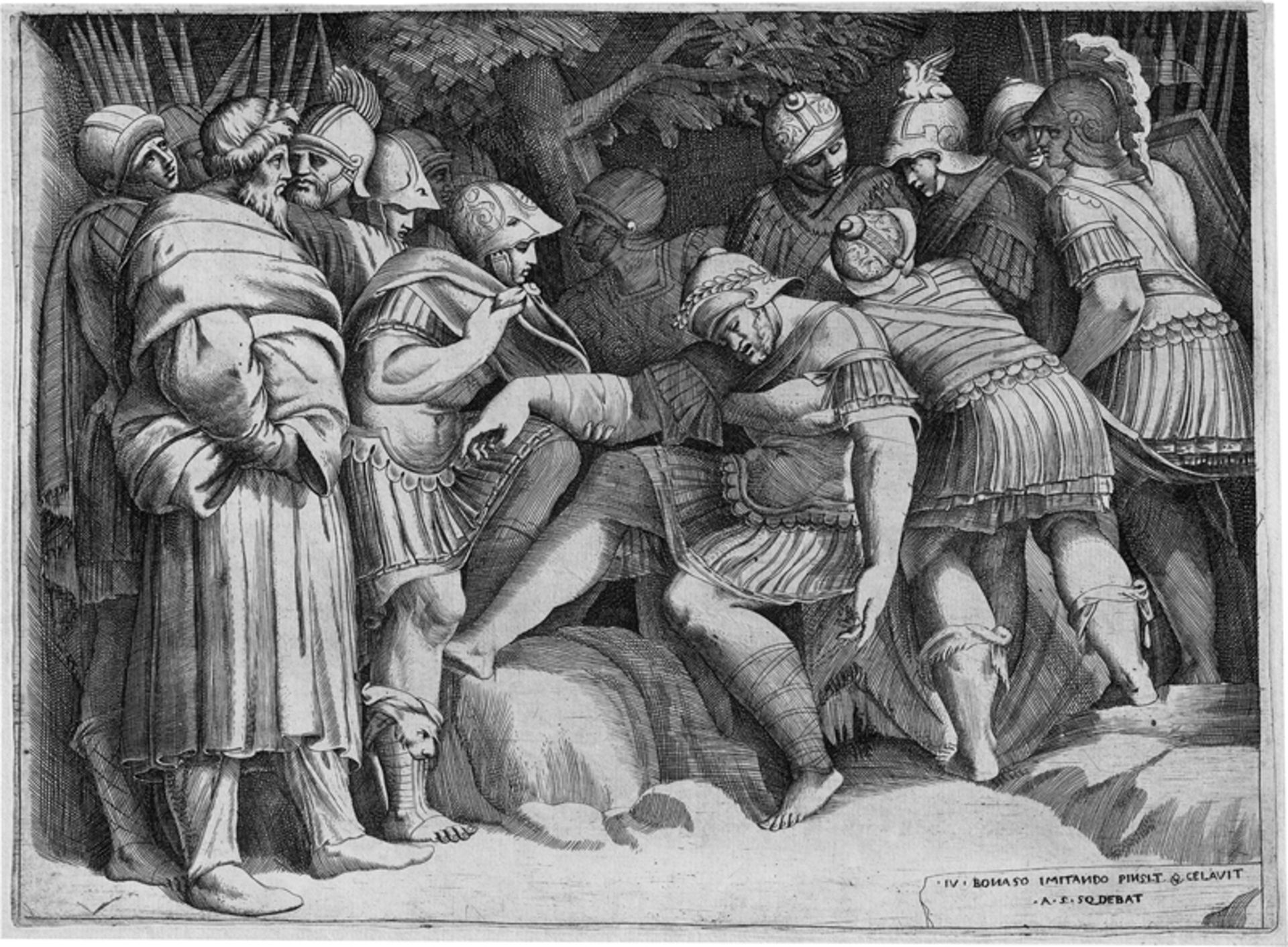 Bonasone, Giulio: Der verwundete Scipio wird von seinen Söhnen vom Schlach...