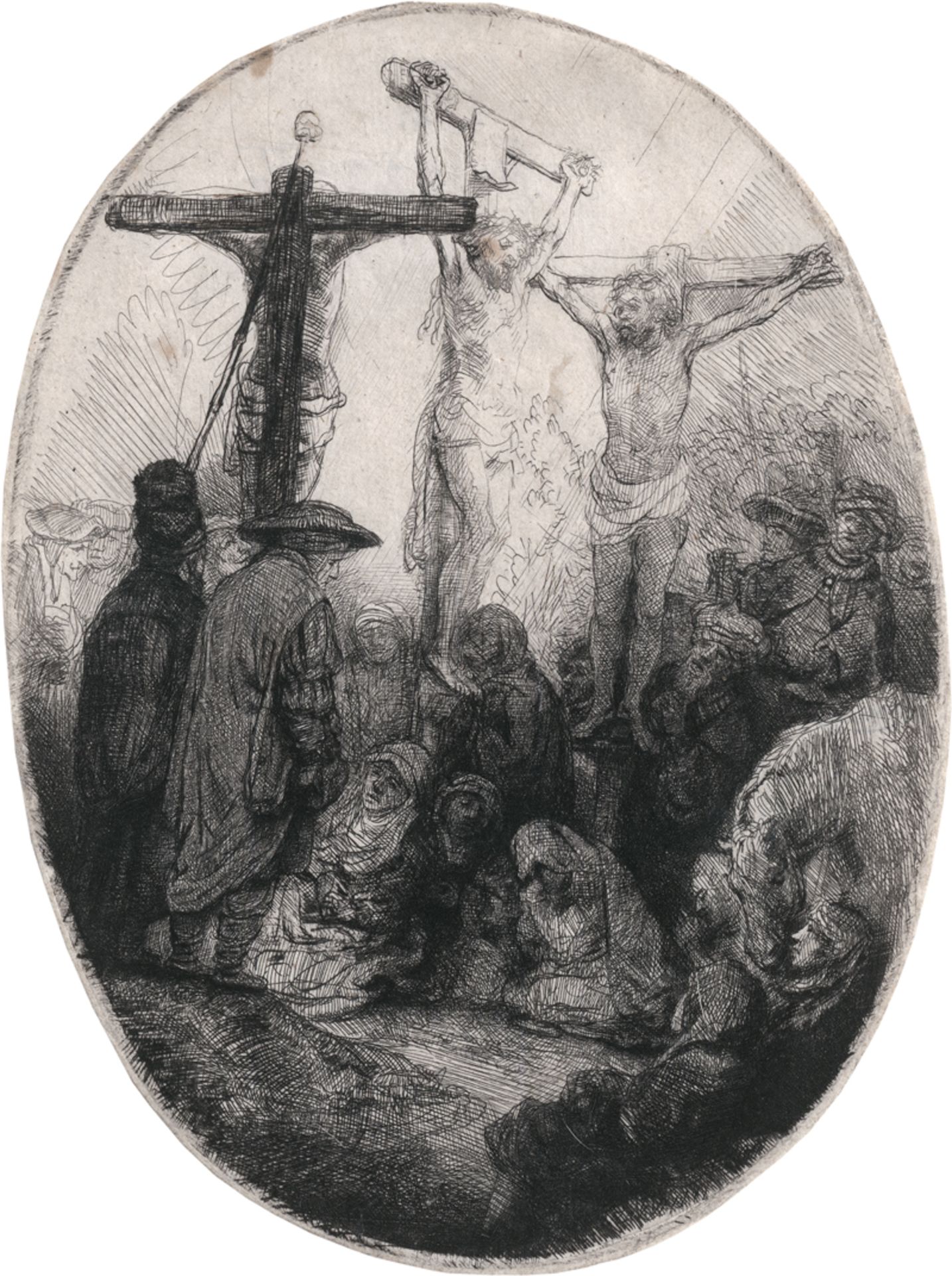 Rembrandt Harmensz. van Rijn: Christus am Kreuz zwischen den Schächern.