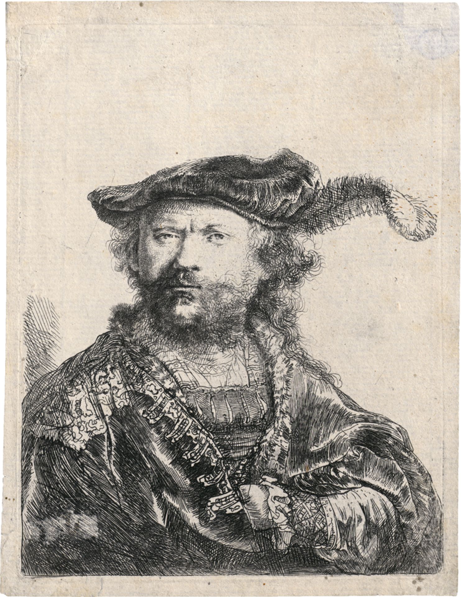 Rembrandt Harmensz. van Rijn: Selbstbildnis mit federgeschmücktem Barett