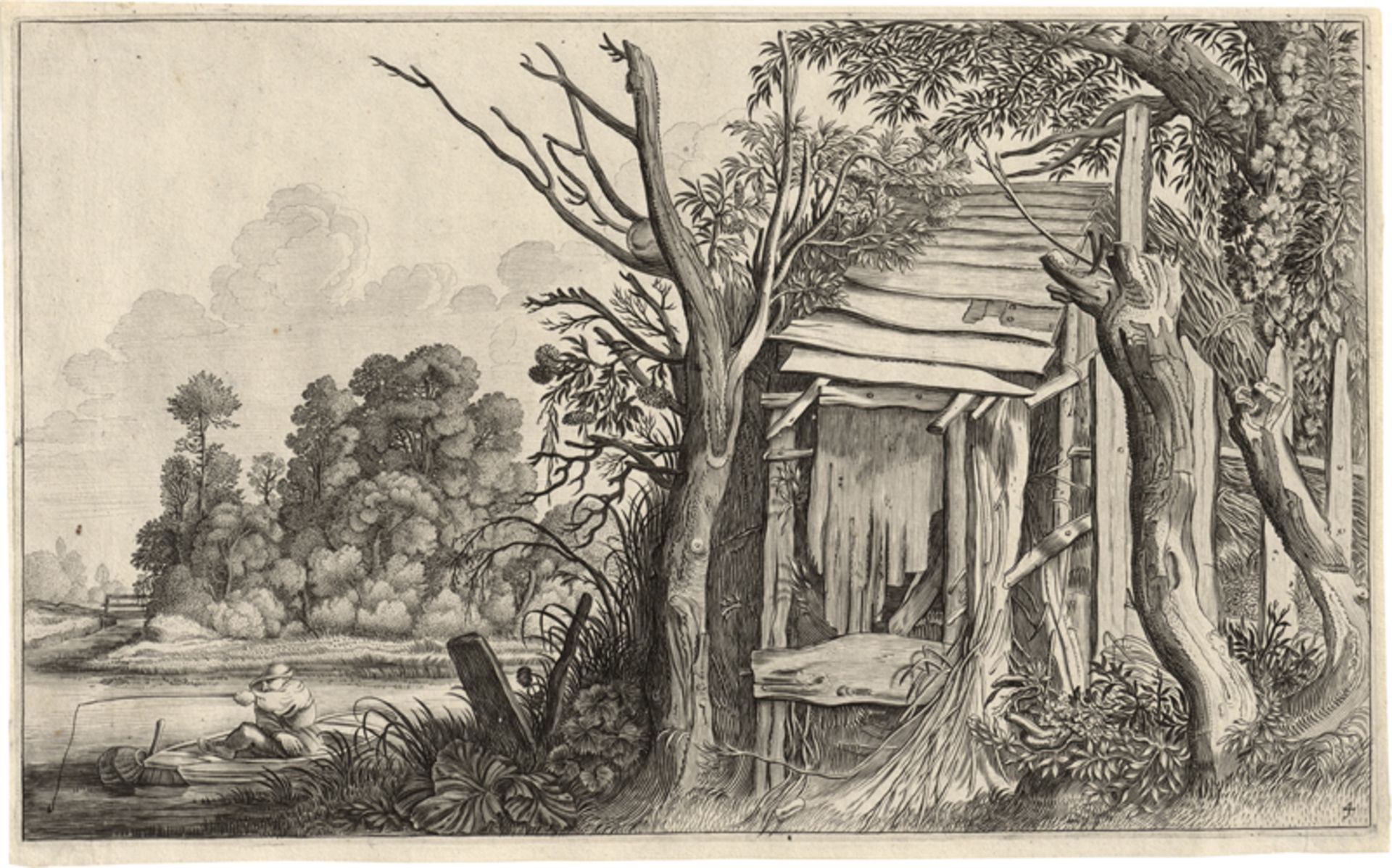 Velde II, Jan van de: Landschaft mit Angler und einer verfallenen Hütte.