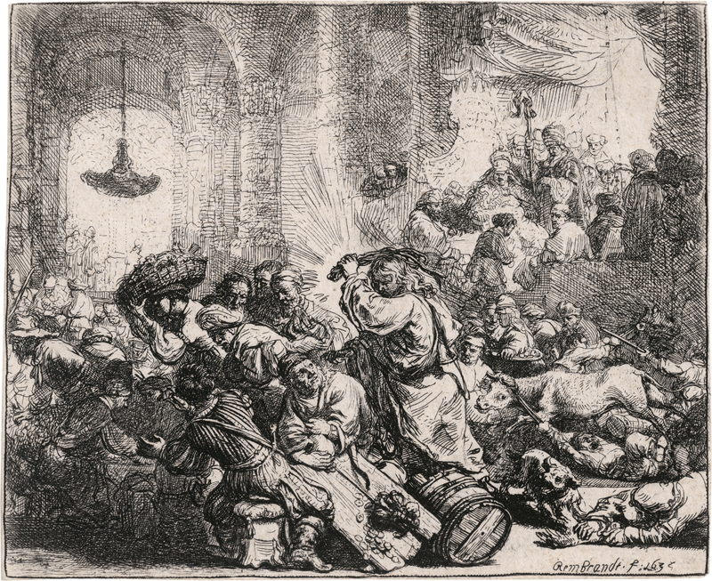 Rembrandt Harmensz. van Rijn: Christus die Händler aus dem Tempel treibend.
