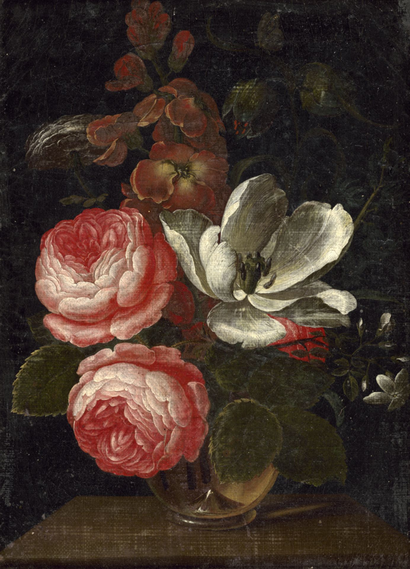 Careel, Johann: Stillleben mit Rosen, Lilien und Goldlack in einer Glasv...