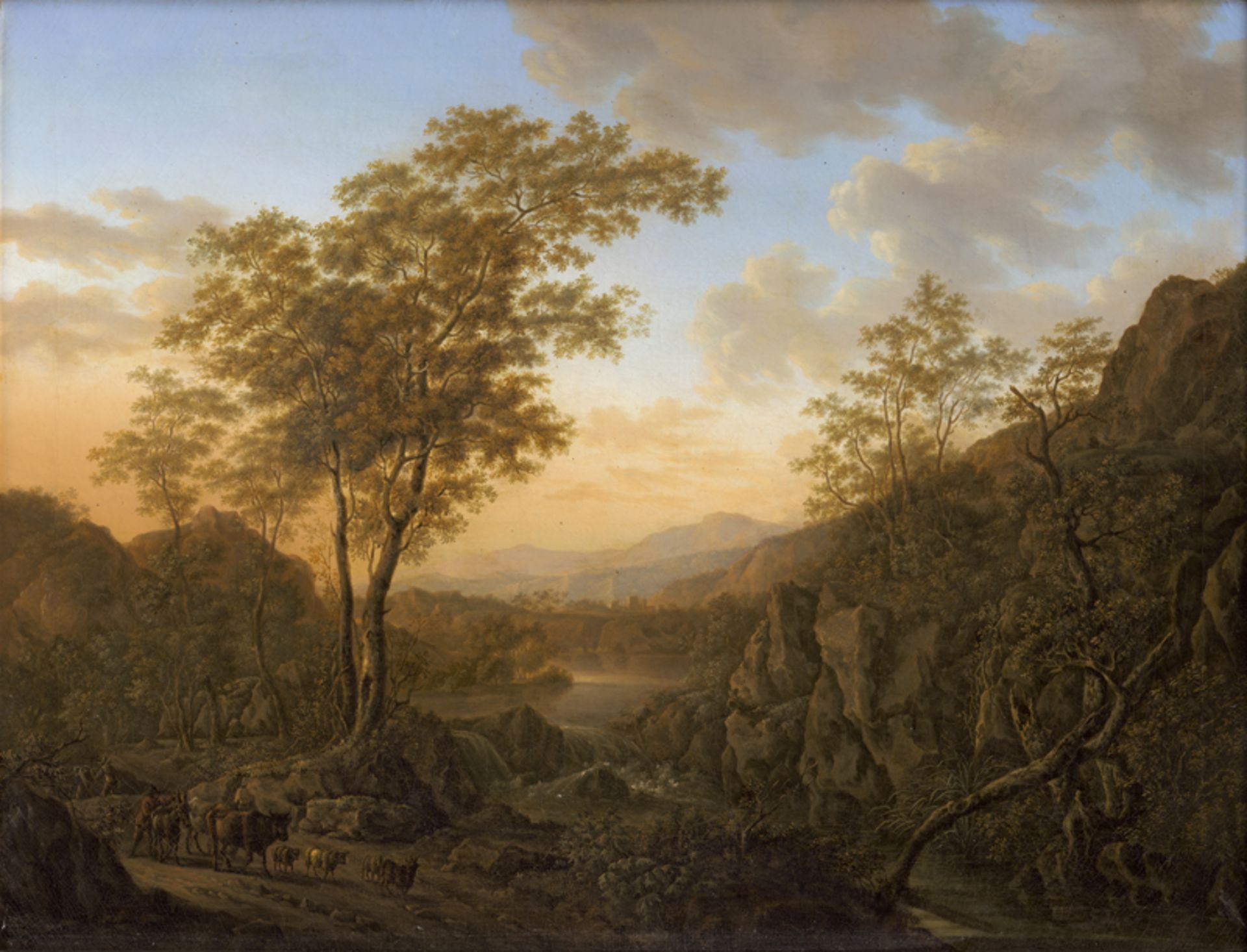 Klengel, Johann Christian - zugesch...: Felsige Flusslandschaft mit großen Bäumen und Reisenden