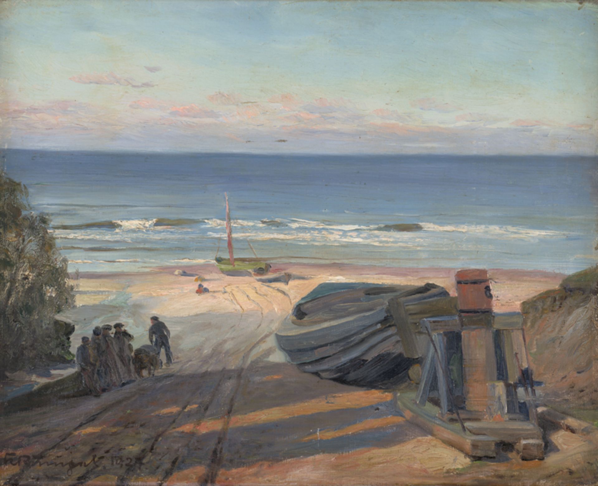 Rumpel, Karl Friedrich Ernst: Fischer mit Booten am Strand von Usedom