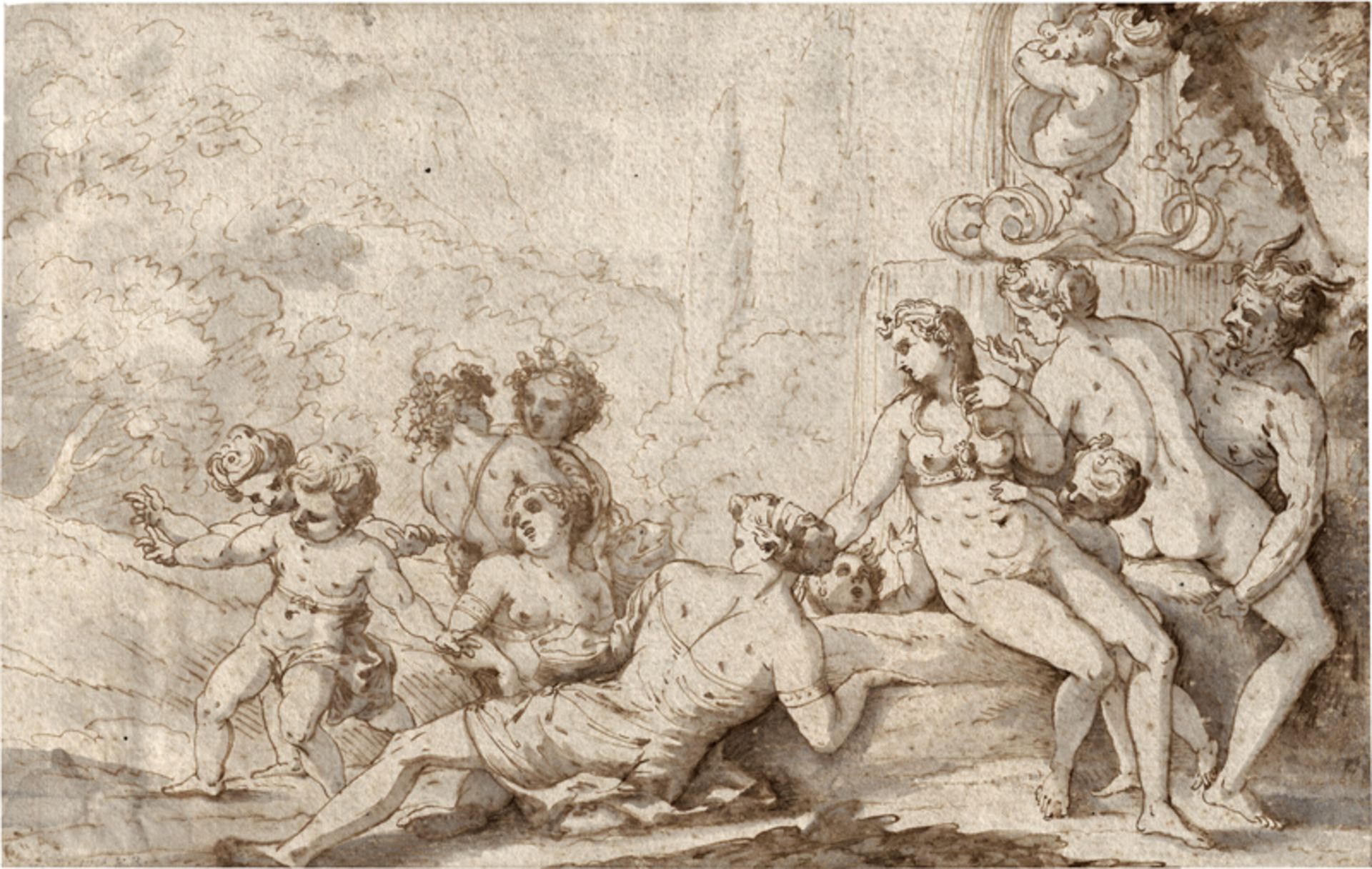 Französisch: 18. Jh. Nymphen und Putti mit Satyr