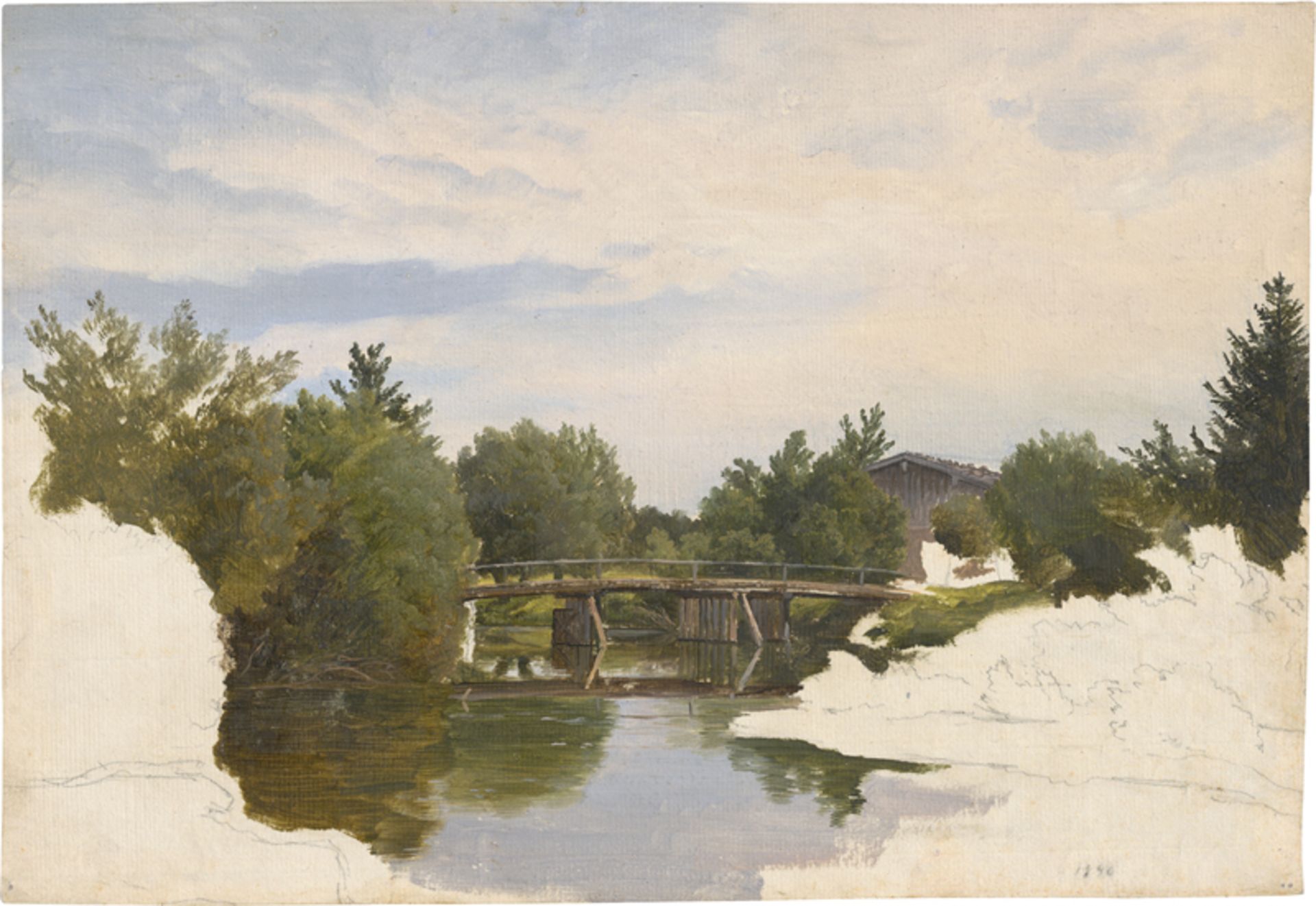 Crola, Georg Heinrich: Oberbayrische Flusslandschaft mit Holzsteg