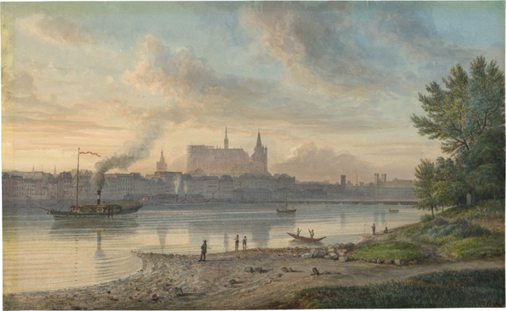 Englisch: um 1870. Blick auf Köln von Deutz aus im Abendlicht