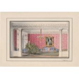 Preuss, G.: Blick in einen Salon mit roter Wandbespannung und Palmen