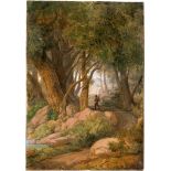 Richter, Ludwig: Italienische Waldlandchaft mit Wanderer und Ausblick auf...