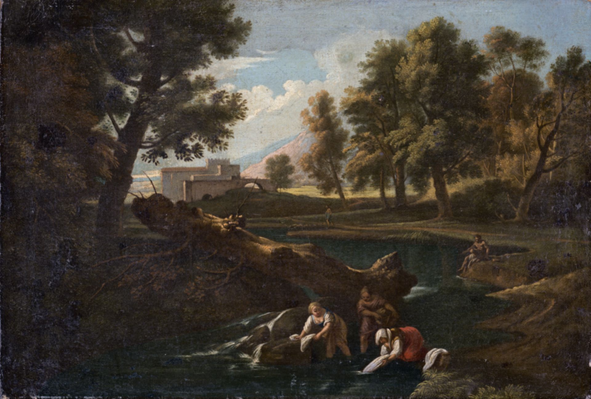 Italienisch: um 1700. Pastorale Landschaft mit Wäscherinnen am Fluss