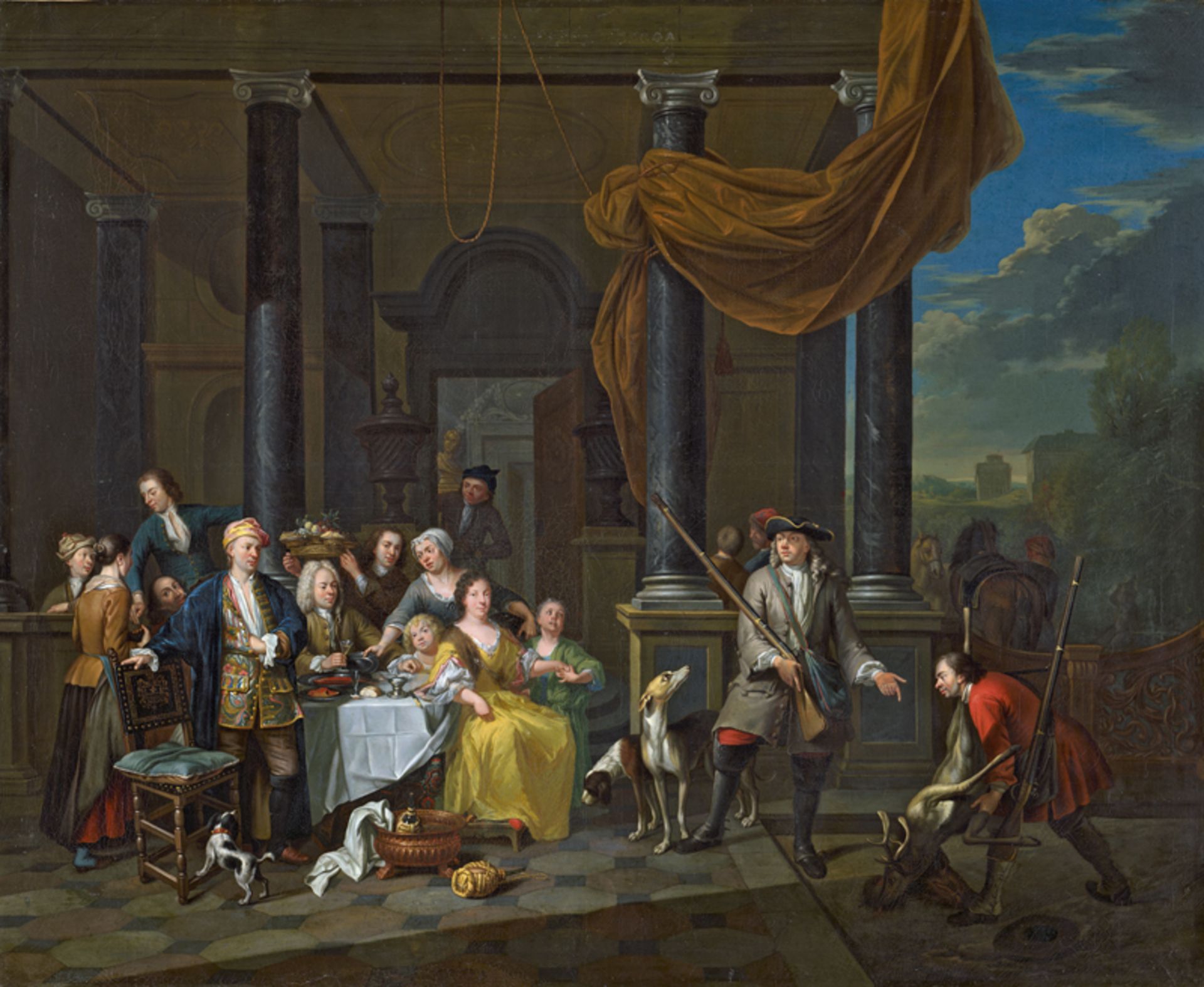 Beken, Ignatius van der: Terrasse mit eleganter Familie und einkehrender Jagdpart...