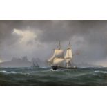 Baagøe, Carl Emil: Marineschiff und Segelboot vor der Küste