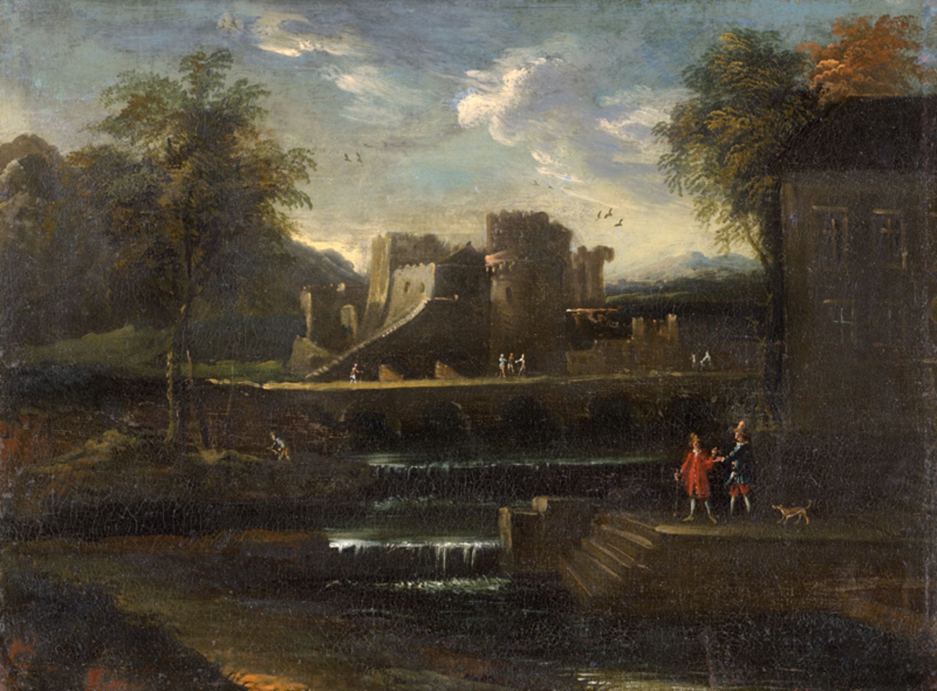 Italienisch: 17./18. Jh. Südliche Landschaft mit Kastell und Figuren ...